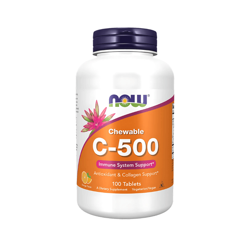 Pot Now Foods Chewable C-500 orange, 100 comprimés à croquer apportant 500mg de vitamine C avec acérola et bioflavonoïdes pour le système immunitaire et le collagène