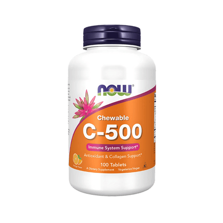 Pot Now Foods Chewable C-500 orange, 100 comprimés à croquer apportant 500mg de vitamine C avec acérola et bioflavonoïdes pour le système immunitaire et le collagène