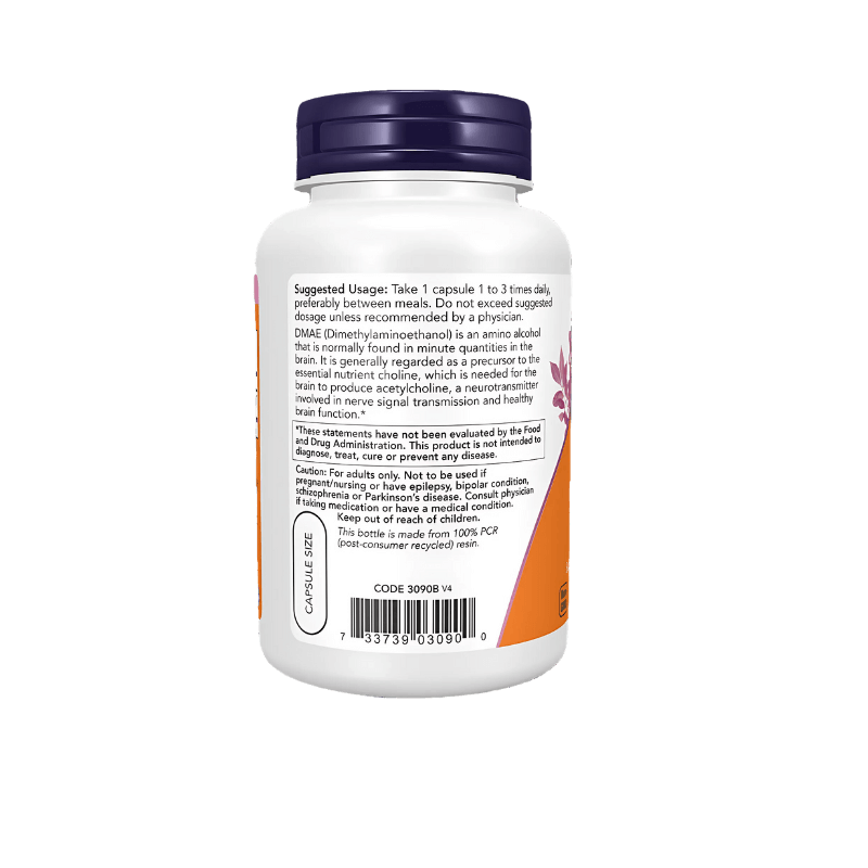 Étiquette arrière NOW Foods DMAE 250mg décrivant l’usage conseillé 1 à 3 gélules par jour entre les repas et le rôle de précurseur de la choline pour l’acétylcholine