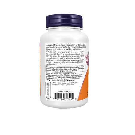 Étiquette arrière NOW Foods DMAE 250mg décrivant l’usage conseillé 1 à 3 gélules par jour entre les repas et le rôle de précurseur de la choline pour l’acétylcholine