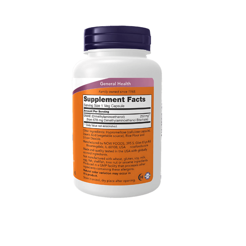 Tableau Supplement Facts NOW Foods DMAE 250mg indiquant 250mg de diméthylaminoéthanol par gélule végétale à partir de 678mg de bitartrate