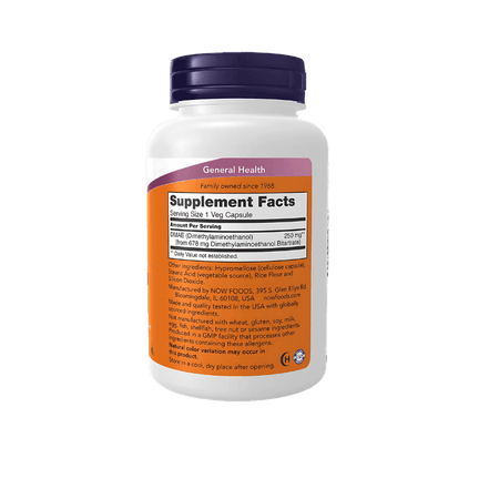 Tableau Supplement Facts NOW Foods DMAE 250mg indiquant 250mg de diméthylaminoéthanol par gélule végétale à partir de 678mg de bitartrate