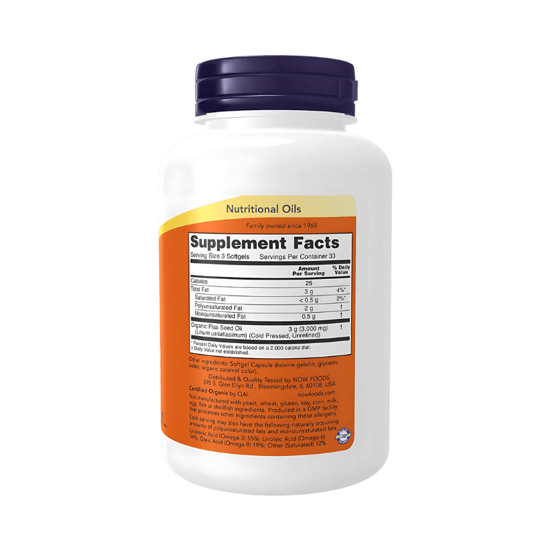 Pot Now Foods Flax Oil 1000mg, 100 softgels, soutien cardiovasculaire à base d’huile de lin biologique riche en oméga 3 ALA
