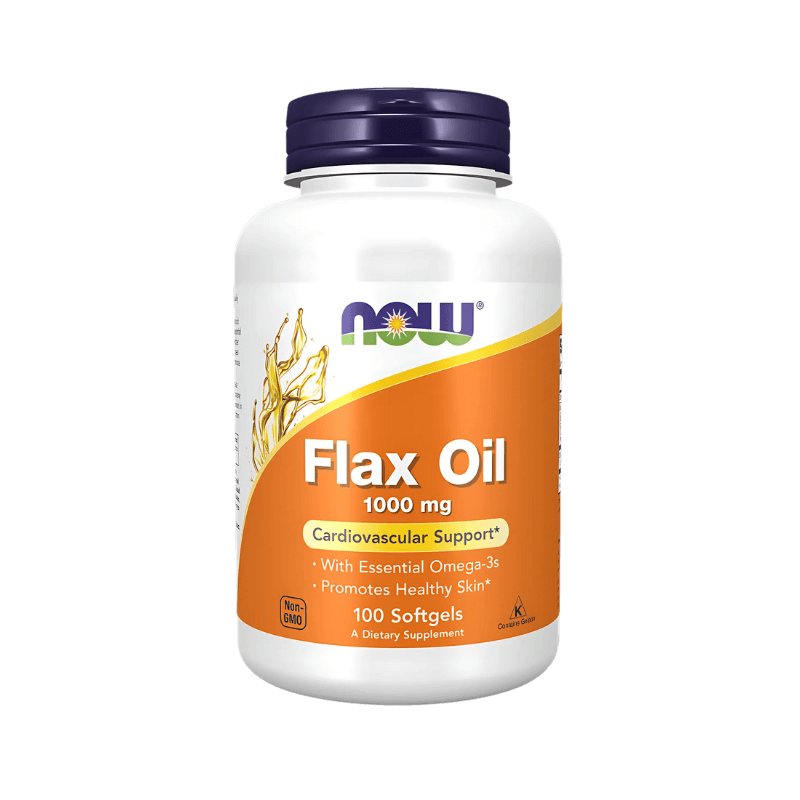 Étiquette arrière Now Foods Flax Oil 1000mg indiquant posologie de 3 softgels 1 à 2 fois par jour avec description des bienfaits pour le cœur et la peau