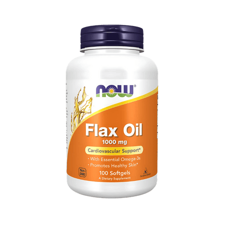 Étiquette arrière Now Foods Flax Oil 1000mg indiquant posologie de 3 softgels 1 à 2 fois par jour avec description des bienfaits pour le cœur et la peau