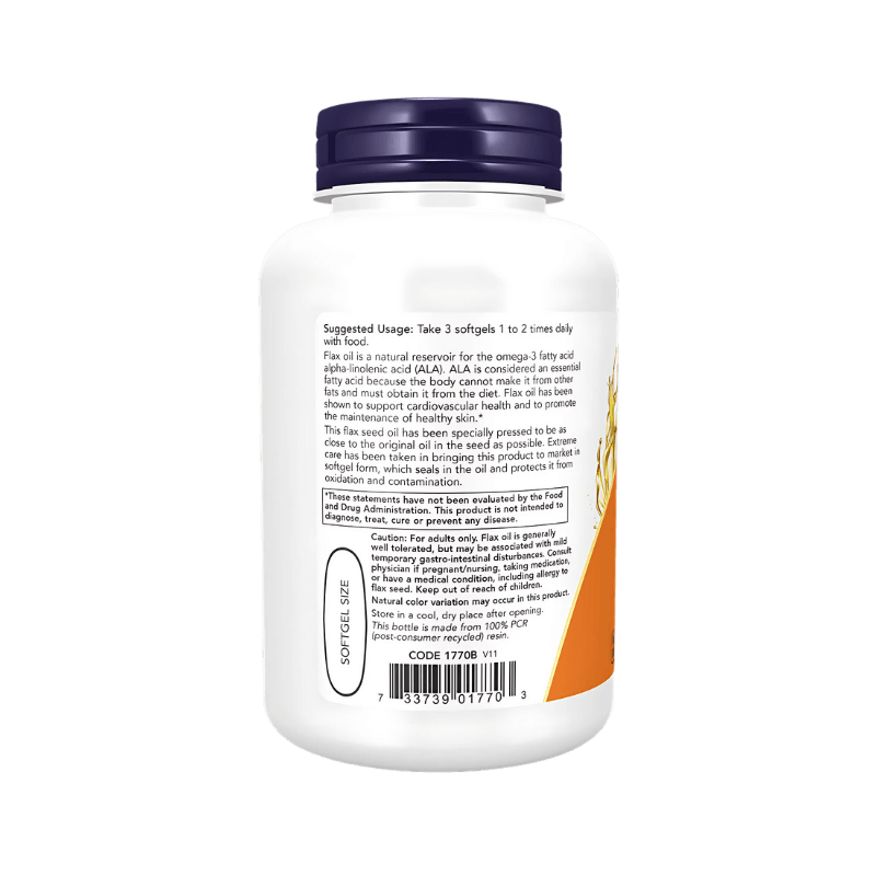 Tableau nutritionnel Now Foods Flax Oil par portion de 3 softgels : 3000mg d’huile de graines de lin biologique, 3g de lipides dont acides gras polyinsaturés et monoinsaturés