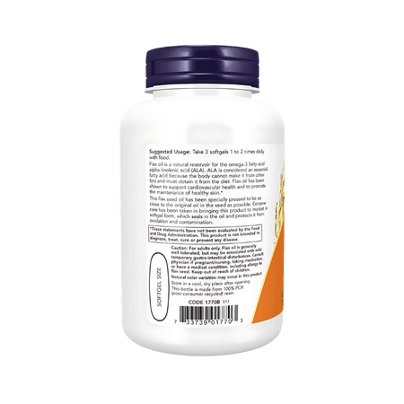 Tableau nutritionnel Now Foods Flax Oil par portion de 3 softgels : 3000mg d’huile de graines de lin biologique, 3g de lipides dont acides gras polyinsaturés et monoinsaturés