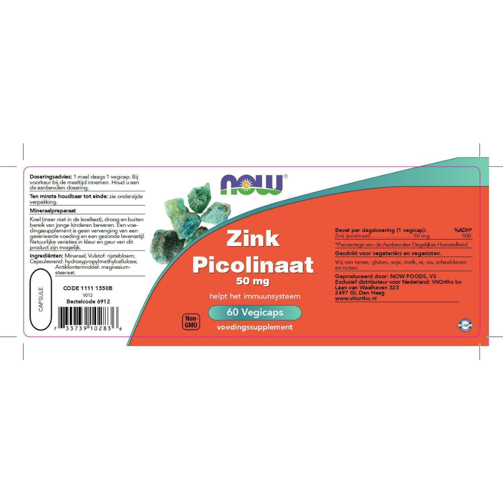 Étiquette complète NOW Foods Zinc Picolinate 50mg indiquant 50mg de zinc élémentaire par gélule végétale, ingrédients et conseils d’utilisation pour adultes