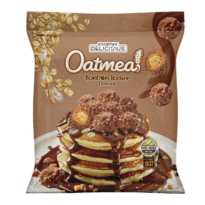 Oatmeal iO.Genix Delicious 1kg - Flocons d'avoine complète Bonbon Rocher chocolat noisette 100% farine d'avoine complète petit-déjeuner sportif | Dragon Nutrition