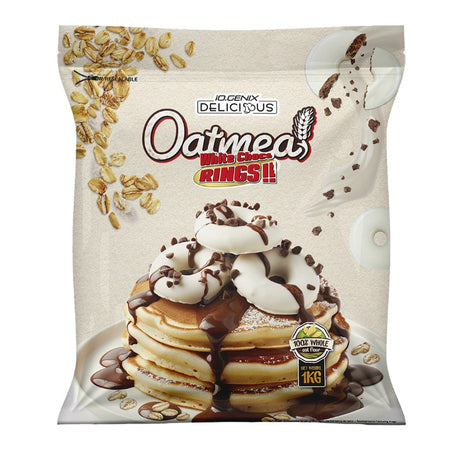 Oatmeal iO.Genix Delicious 1kg - Flocons d'avoine complète White Choco Rings chocolat blanc 100% farine d'avoine complète petit-déjeuner sportif | Dragon Nutrition