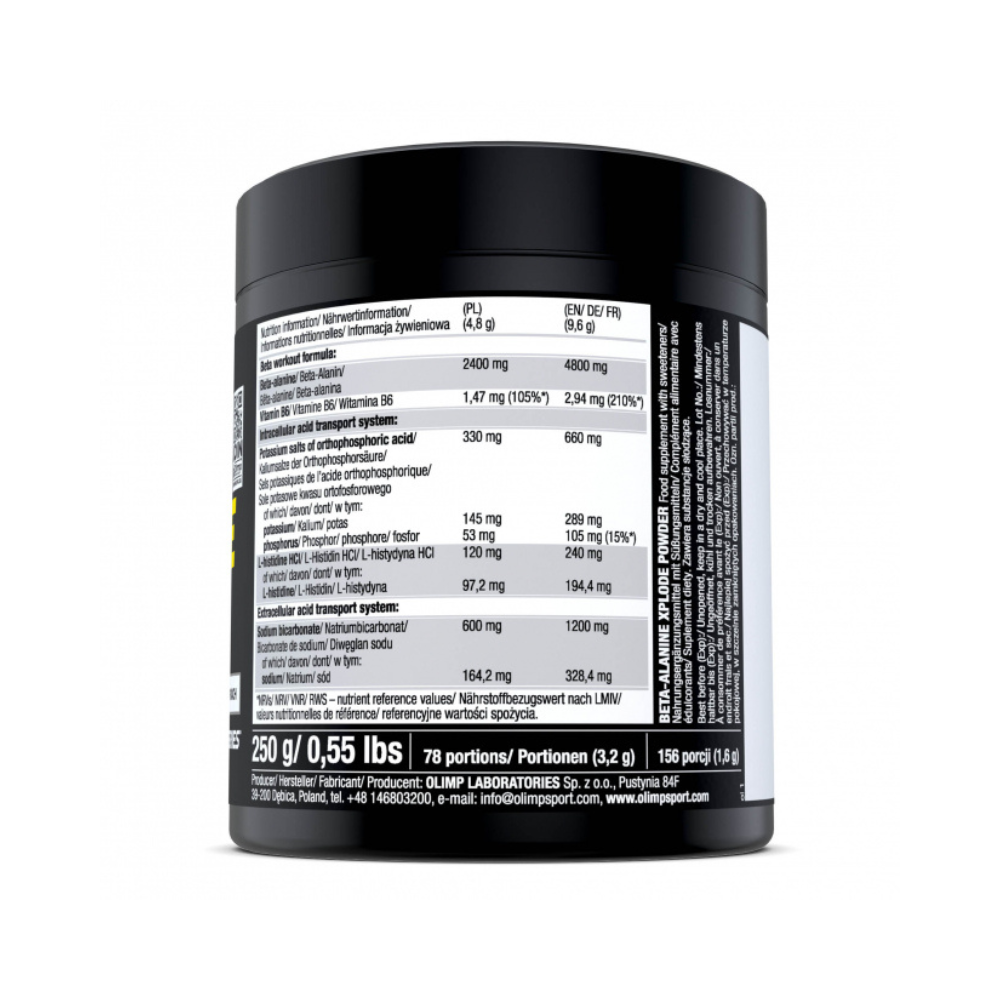 Tableau nutritionnel Beta-Alanine Xplode Olimp : bêta-alanine, vitamine B6, électrolytes et sodium par portion