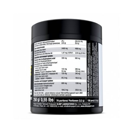 Tableau nutritionnel Beta-Alanine Xplode Olimp : bêta-alanine, vitamine B6, électrolytes et sodium par portion