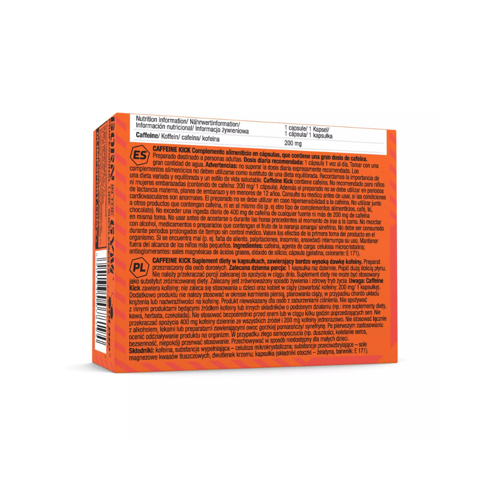 Étiquette arrière Olimp Caffeine Kick : informations nutritionnelles, dosage, avertissements et ingrédients