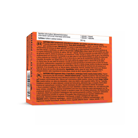 Étiquette arrière Olimp Caffeine Kick : informations nutritionnelles, dosage, avertissements et ingrédients