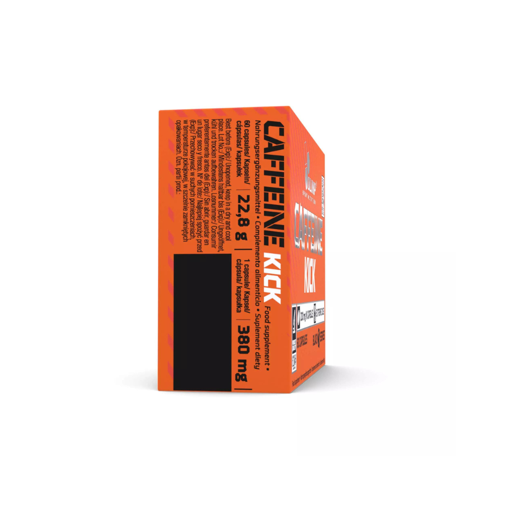 Vue latérale boîte Olimp Caffeine Kick 380mg, dosage et composition affichés
