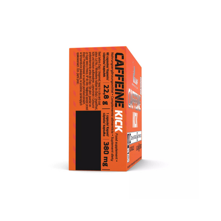 Vue latérale boîte Olimp Caffeine Kick 380mg, dosage et composition affichés
