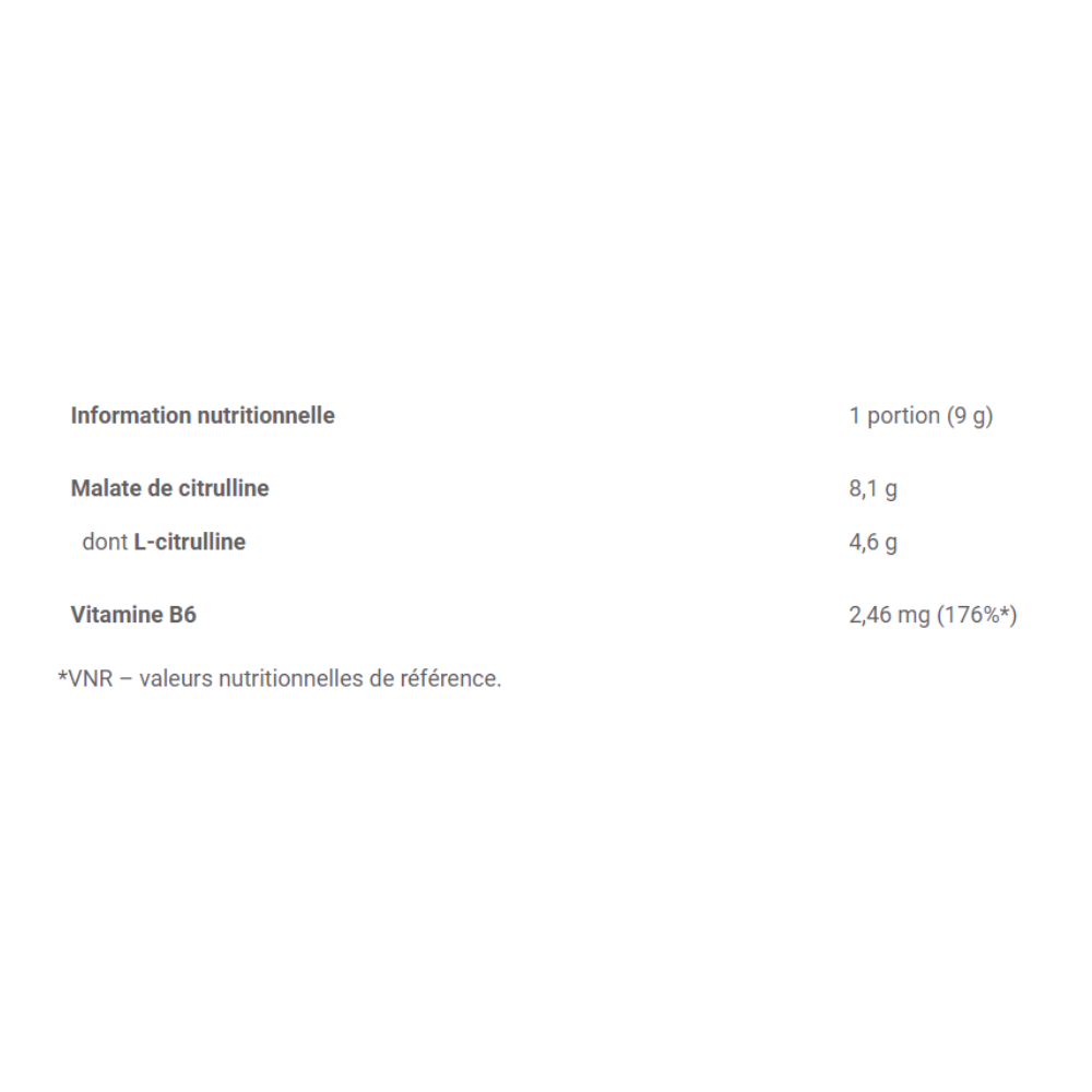 Tableau nutritionnel Citrulline Malate Olimp Nutrition : dosage en malate, citrulline, vitamine B6 par portion