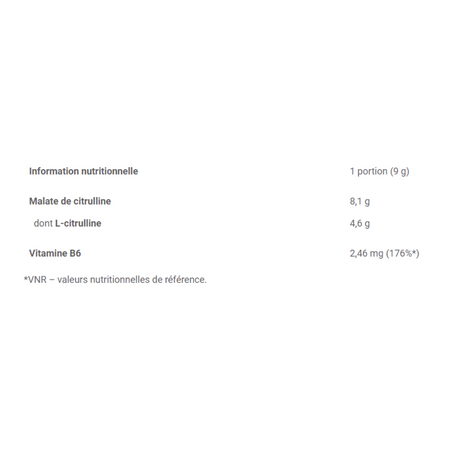 Tableau nutritionnel Citrulline Malate Olimp Nutrition : dosage en malate, citrulline, vitamine B6 par portion