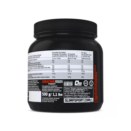 Tableau nutritionnel Olimp Creatine Monohydrate Creapure Black Series 500g, valeurs par portion et par 100g