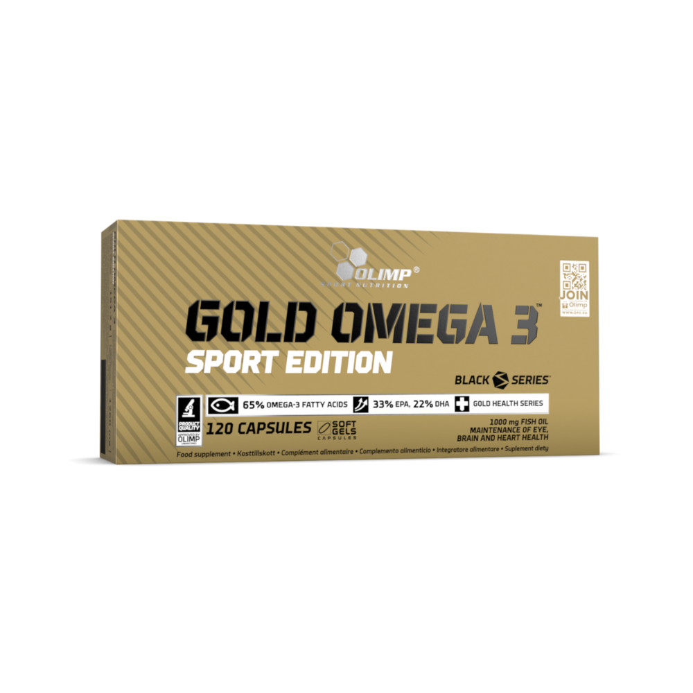 Boîte Olimp Gold Omega 3 Sport Edition 120 capsules, 65% oméga 3 dont 330mg EPA et 220mg DHA par gélule pour le cœur et le cerveau​​
