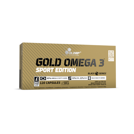 Boîte Olimp Gold Omega 3 Sport Edition 120 capsules, 65% oméga 3 dont 330mg EPA et 220mg DHA par gélule pour le cœur et le cerveau​​