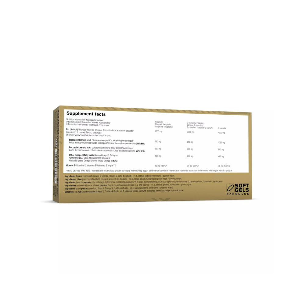 Tableau nutritionnel Gold Omega 3 Sport Edition Olimp montrant 1000mg d’huile de poisson, EPA, DHA et vitamine E par capsule