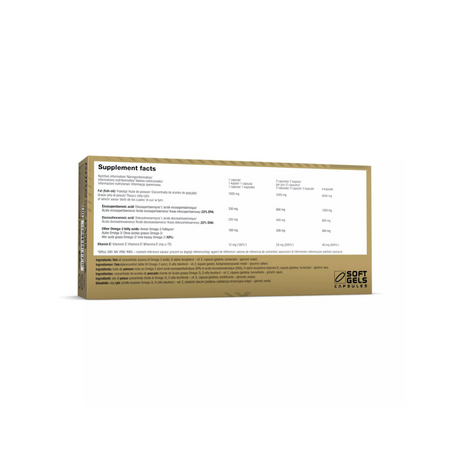 Tableau nutritionnel Gold Omega 3 Sport Edition Olimp montrant 1000mg d’huile de poisson, EPA, DHA et vitamine E par capsule