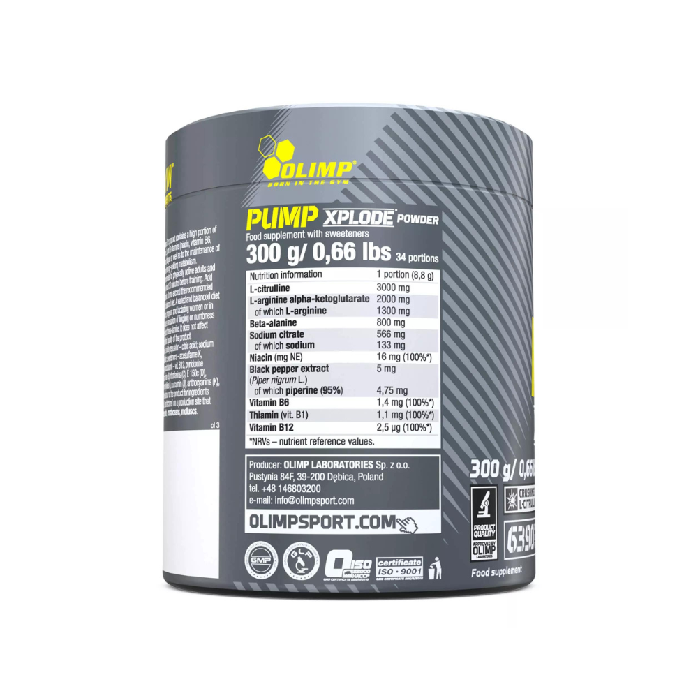 Tableau nutritionnel Olimp Pump Xplode : L-citrulline, AAKG, bêta-alanine, vitamines B6, B1 et B12 par portion de 8,8g, 