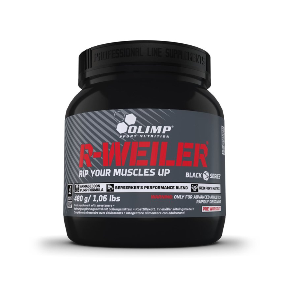 Pot Olimp R-Weiler Black Series pre-workout 480g, formule Armageddon Pump et Berserker’s Performance Blend