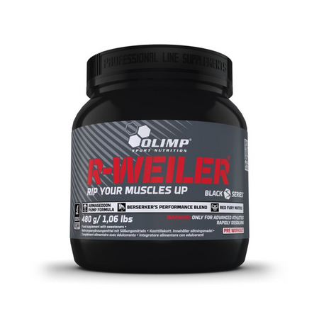 Pot Olimp R-Weiler Black Series pre-workout 480g, formule Armageddon Pump et Berserker’s Performance Blend