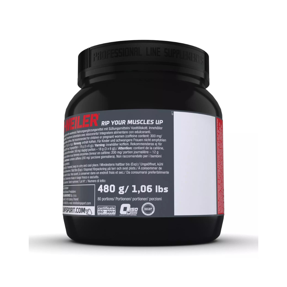 Étiquette arrière Olimp R-Weiler pre-workout 480g, avertissements et teneur en caféine pour 80 portions