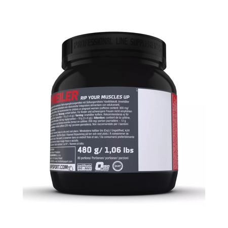 Étiquette arrière Olimp R-Weiler pre-workout 480g, avertissements et teneur en caféine pour 80 portions