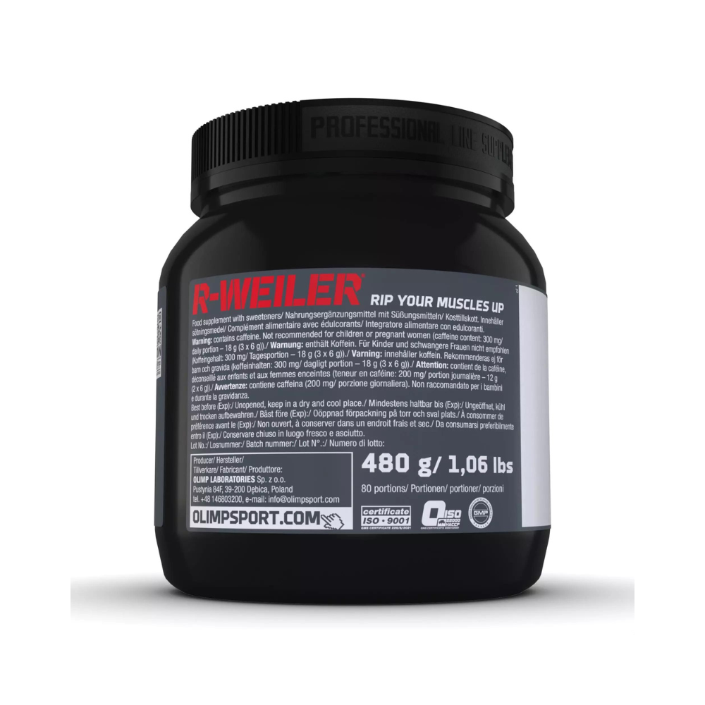 Zoom étiquette Olimp R-Weiler mettant en avant taurine, arginine, bêta-alanine et complexes de performance pré-entraînement