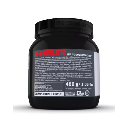 Zoom étiquette Olimp R-Weiler mettant en avant taurine, arginine, bêta-alanine et complexes de performance pré-entraînement