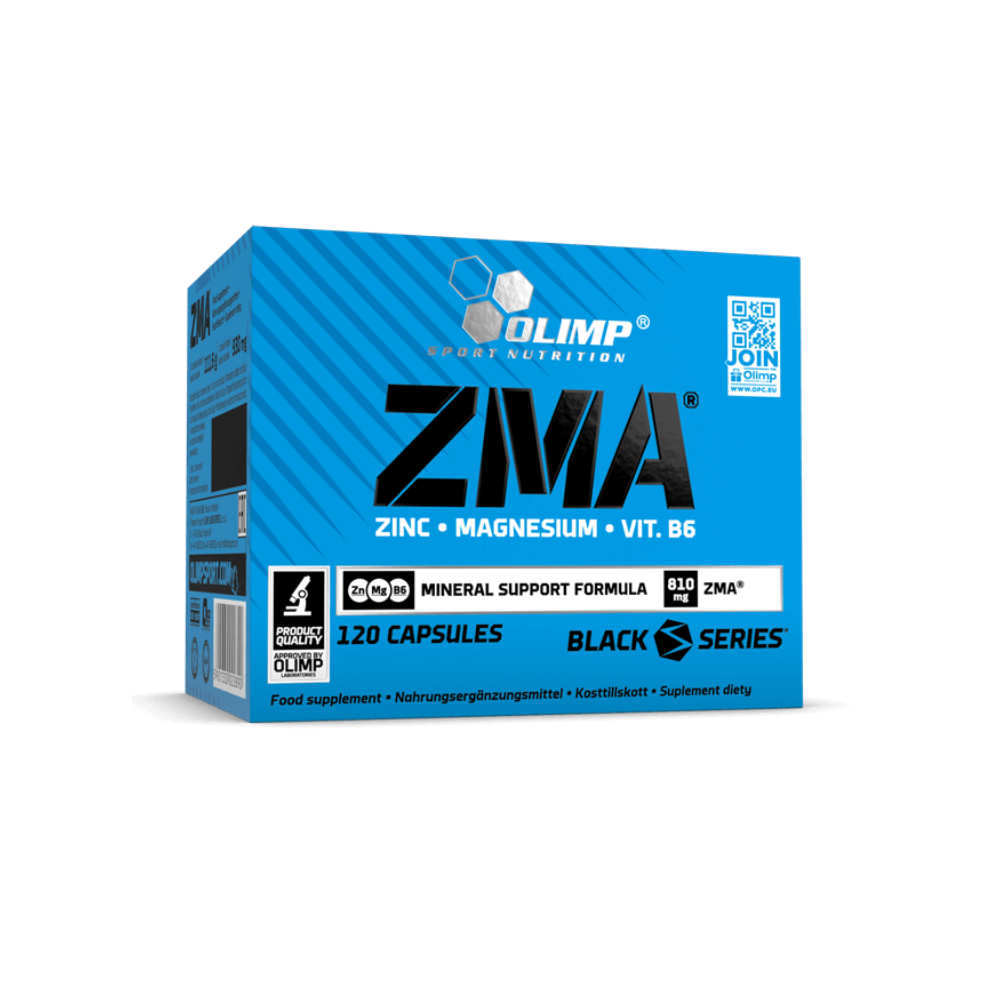 Face avant de la boîte Olimp ZMA Black Series indiquant zinc magnésium vitamine B6, 810mg de ZMA par dose et 120 capsules pour le soutien minéral