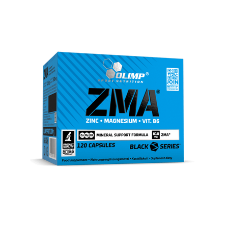 Face avant de la boîte Olimp ZMA Black Series indiquant zinc magnésium vitamine B6, 810mg de ZMA par dose et 120 capsules pour le soutien minéral