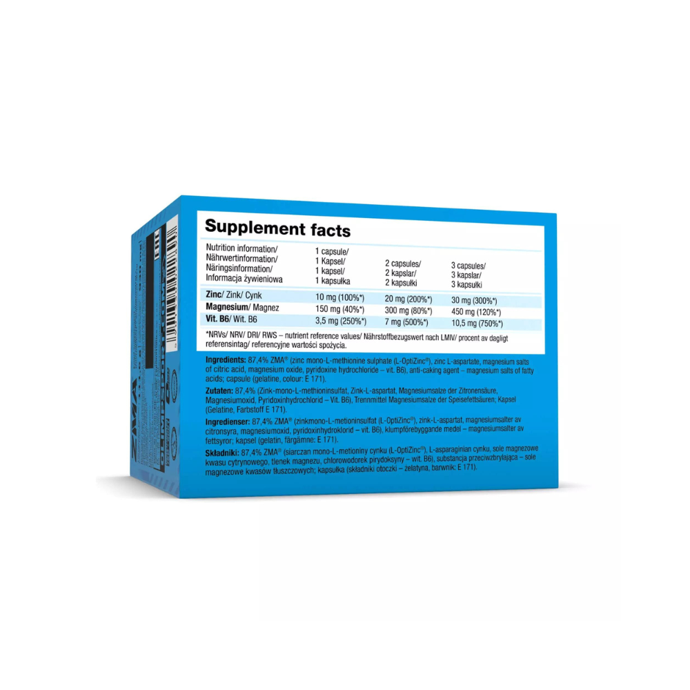 Tableau Supplement Facts Olimp ZMA montrant par capsule 10mg de zinc, 150mg de magnésium et 3,5mg de vitamine B6 avec valeurs nutritionnelles de référence
