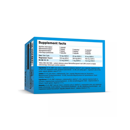 Tableau Supplement Facts Olimp ZMA montrant par capsule 10mg de zinc, 150mg de magnésium et 3,5mg de vitamine B6 avec valeurs nutritionnelles de référence