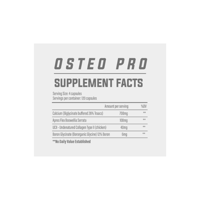 Tableau Supplement Facts Osteo Pro TBJP indiquant par portion de 4 gélules 700mg de calcium biglycinate Traacs, 100mg d’ApresFlex Boswellia serrata, 40mg de collagène UC-II et 6mg de bore glycinate