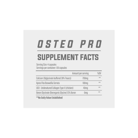 Tableau Supplement Facts Osteo Pro TBJP indiquant par portion de 4 gélules 700mg de calcium biglycinate Traacs, 100mg d’ApresFlex Boswellia serrata, 40mg de collagène UC-II et 6mg de bore glycinate