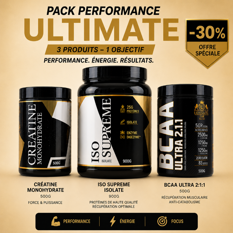 Pack Performance Ultimate Lab -30% - Créatine Monohydrate 500g + Iso Supreme Isolat 900g + BCAA Ultra 2.1.1 500g