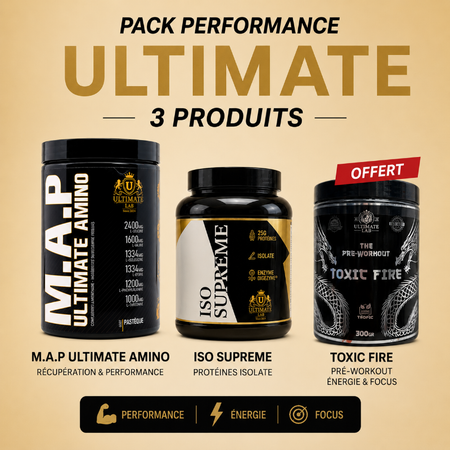 Pack Performance Ultimate Lab 3 produits - MAP Ultimate Amino + Iso Supreme protéines isolat + Toxic Fire pré-workout offert