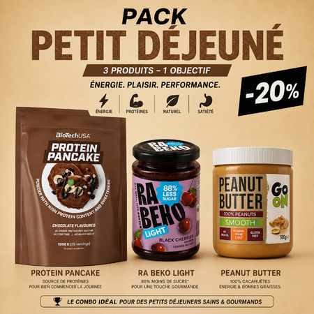 Pack Petit Déjeuner Protein Pancake BiotechUSA Rabeko Light cerises Peanut Butter Go On -20% - Dragon Nutrition