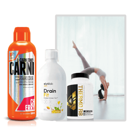 Pack Détox et Minceur Dragon Nutrition comprenant L-Carnitine, Drain Fit et Thermo R8, trio de compléments pour brûler les graisses, drainer les toxines et favoriser la perte de poids naturellement.