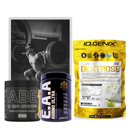 Pack de suppléments sportifs comprenant ABE pre-workout, EAA Amino Ultra et Dextrose IO.Genix, conçu pour améliorer l’énergie, la récupération musculaire et la performance à l’entraînement.