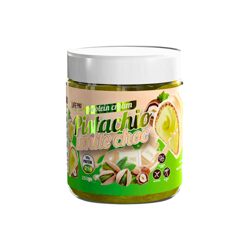 Pot transparent de pâte à tartiner protéinée Life Pro saveur pistache chocolat blanc avec visuel de pistaches entières et de carrés de chocolat blanc sur l’étiquette verte