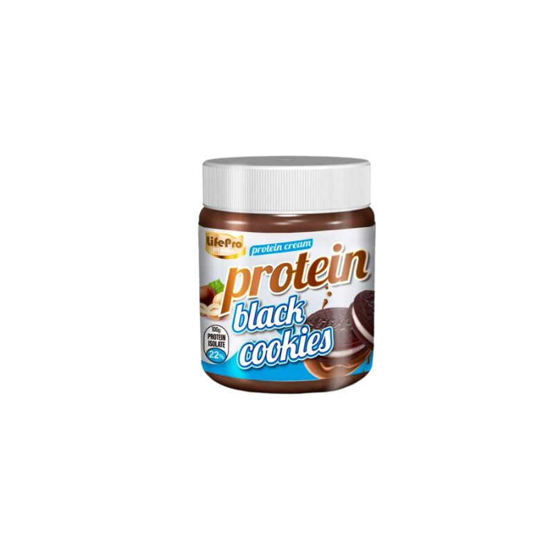 Pot de pâte à tartiner protéinée Life Pro Protein Cream Black Cookies 250 g avec couvercle blanc et biscuits type sandwich chocolat illustrés sur l’étiquette