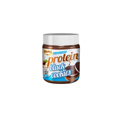 Pot de pâte à tartiner protéinée Life Pro Protein Cream Black Cookies 250 g avec couvercle blanc et biscuits type sandwich chocolat illustrés sur l’étiquette