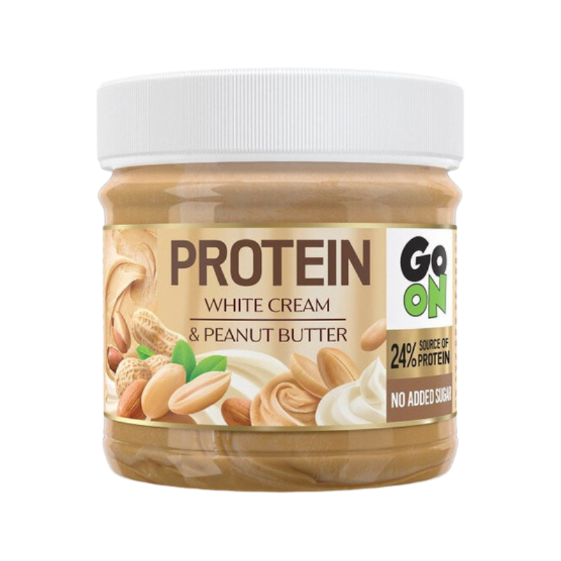 Pot de pâte à tartiner protéinée Go On White Cream & Peanut Butter avec couvercle blanc, cacahuètes entières et crème blanche illustrées sur l’étiquette