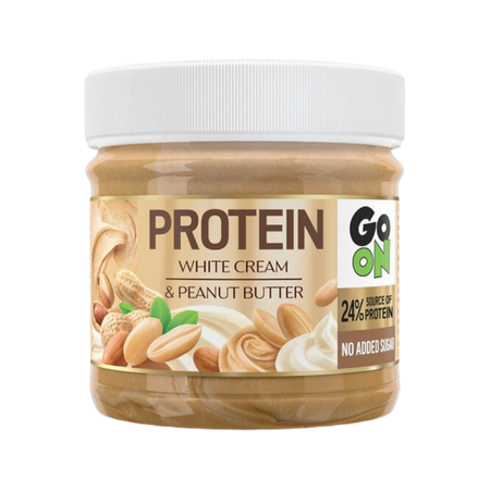 Pot de pâte à tartiner protéinée Go On White Cream & Peanut Butter avec couvercle blanc, cacahuètes entières et crème blanche illustrées sur l’étiquette